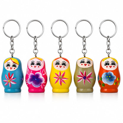 5 Wooden Nesting Dolls Key Chains 1.75 Inches