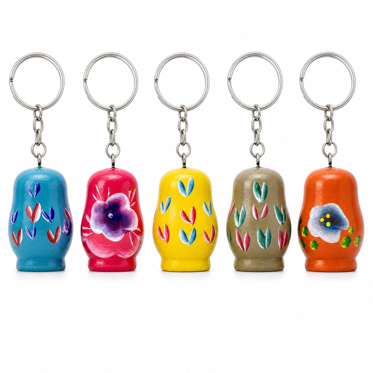 5 Wooden Nesting Dolls Key Chains 1.75 Inches