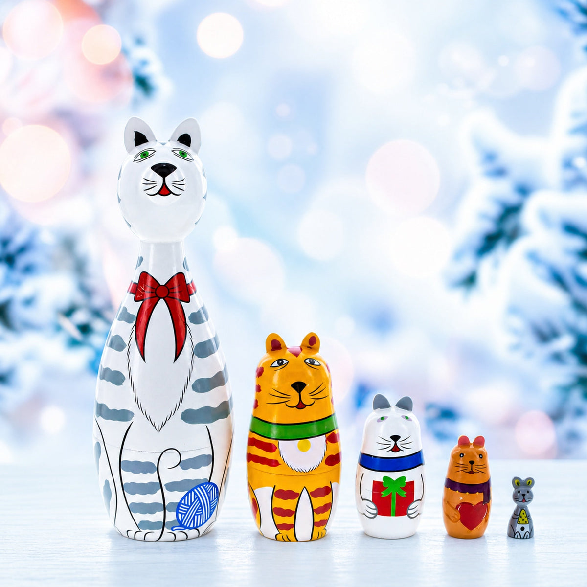 Four Cats and Mouse Wooden Nesting Dolls 7 Inches