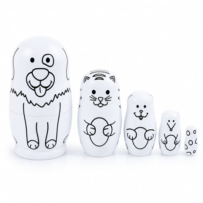 5 Unpainted Animals Wooden Nesting Figurines 4.75 Inches