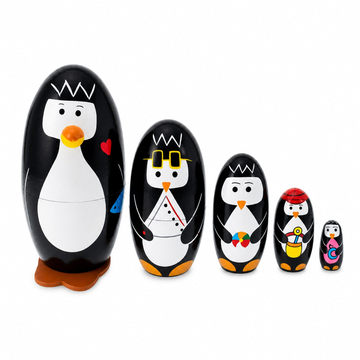 Set of 5 Penguins Wooden Nesting Dolls 5 Inches