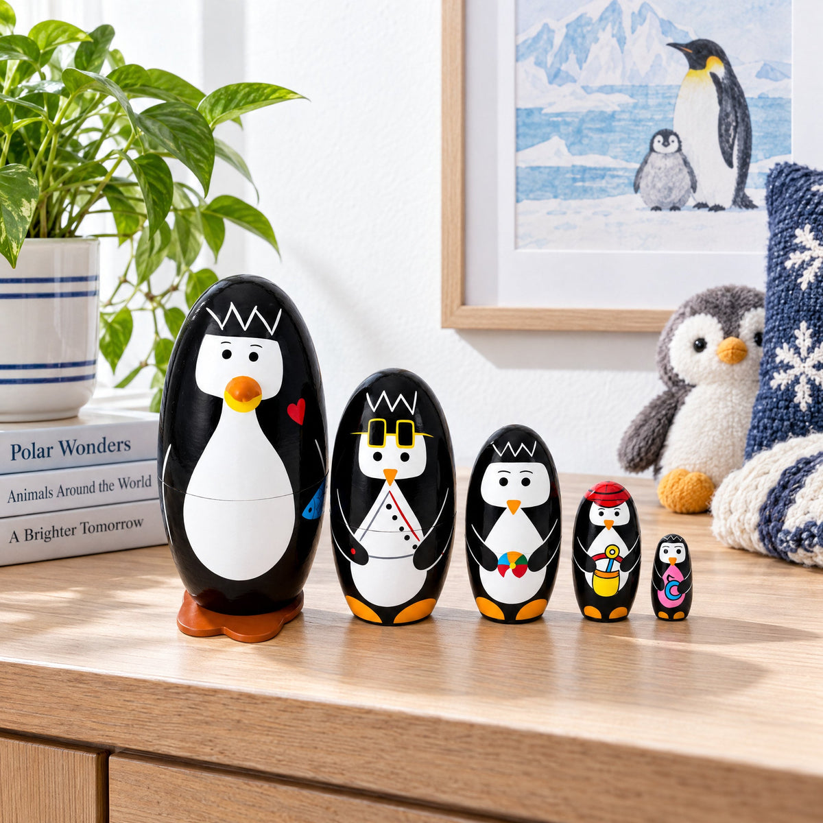 Set of 5 Penguins Wooden Nesting Dolls 5 Inches