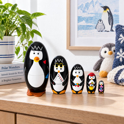 Set of 5 Penguins Wooden Nesting Dolls 5 Inches