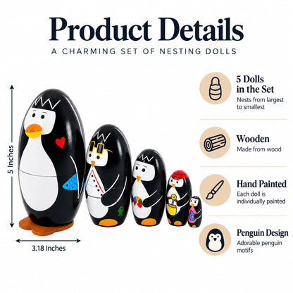 Set of 5 Penguins Wooden Nesting Dolls 5 Inches