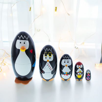 Set of 5 Penguins Wooden Nesting Dolls 5 Inches