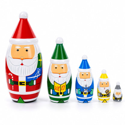 Set of 5 Multicolor Santa with Christmas Gifts Wooden Nesting Dolls 5.5 Inches