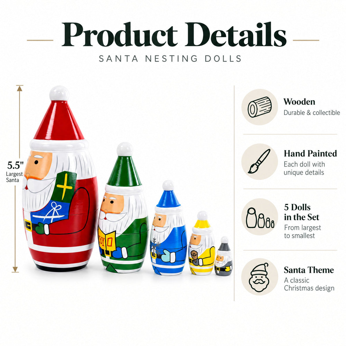 Set of 5 Multicolor Santa with Christmas Gifts Wooden Nesting Dolls 5.5 Inches