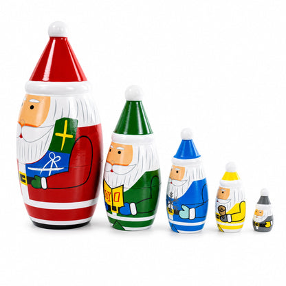 Set of 5 Multicolor Santa with Christmas Gifts Wooden Nesting Dolls 5.5 Inches