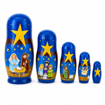 Set of 5 Nativity Scene Set Wooden Nesting Dolls 5.75 Inches