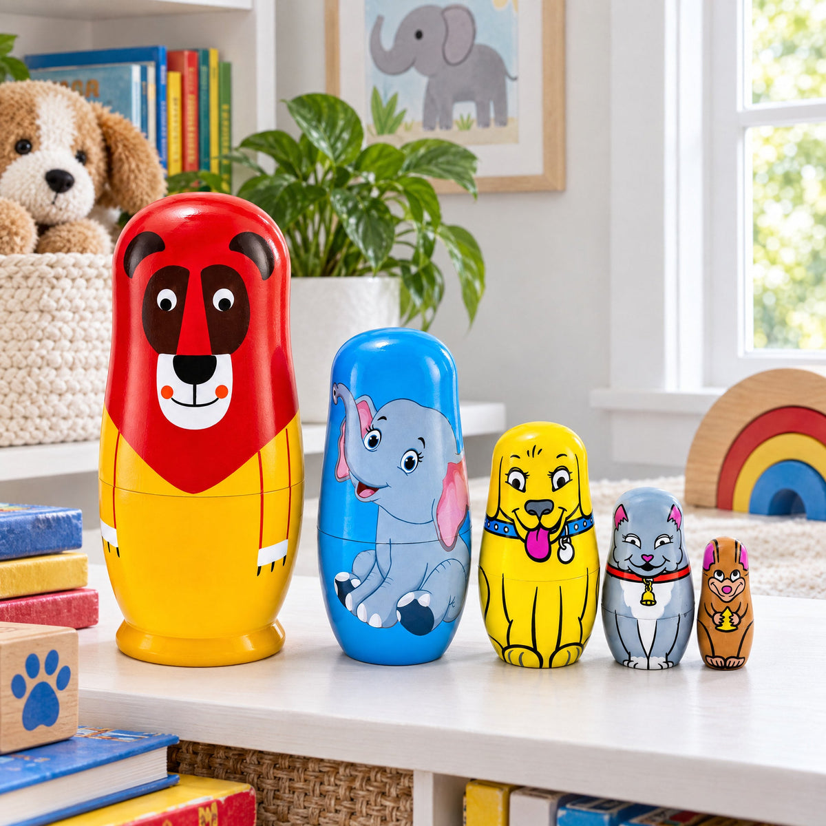 5 Animals Lion, Elephant, Dog & Cat Wooden Nesting Dolls 5.75 Inches