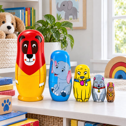 5 Animals Lion, Elephant, Dog & Cat Wooden Nesting Dolls 5.75 Inches