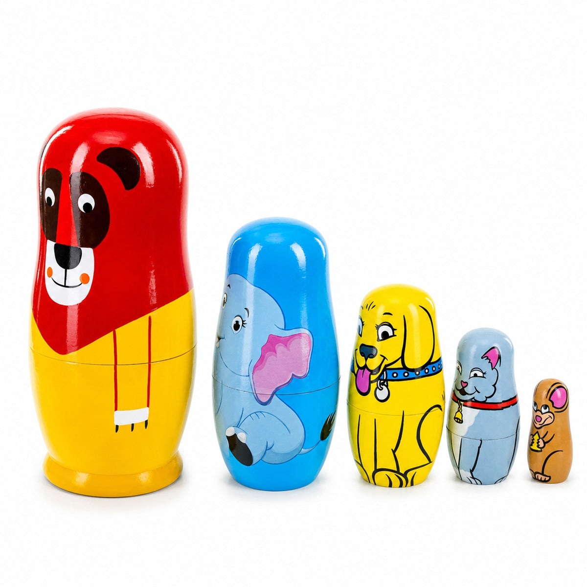 5 Animals Lion, Elephant, Dog & Cat Wooden Nesting Dolls 5.75 Inches