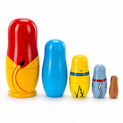 5 Animals Lion, Elephant, Dog & Cat Wooden Nesting Dolls 5.75 Inches