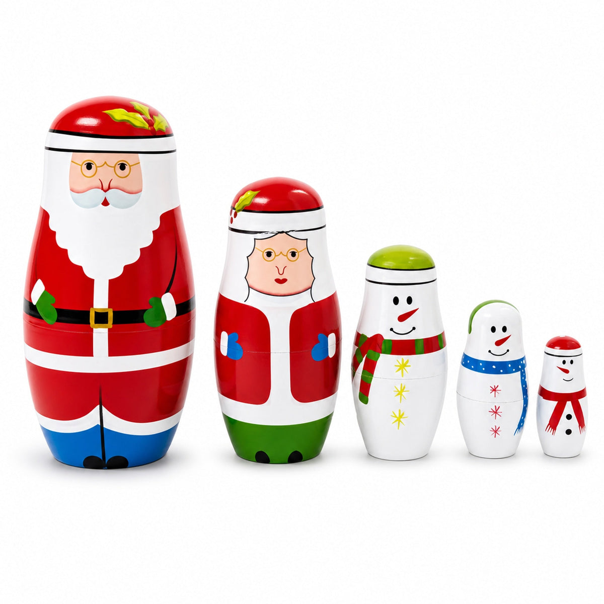 Set of 5 Santa and Snowmen Wooden Nesting Dolls 5.5 Inches