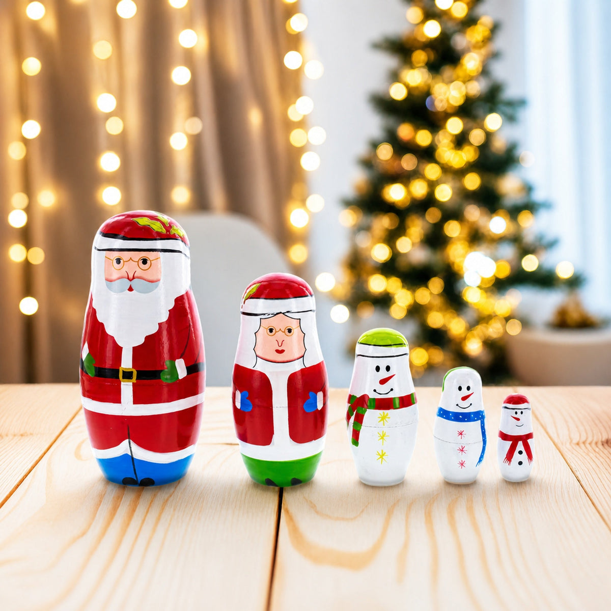 Set of 5 Santa and Snowmen Wooden Nesting Dolls 5.5 Inches