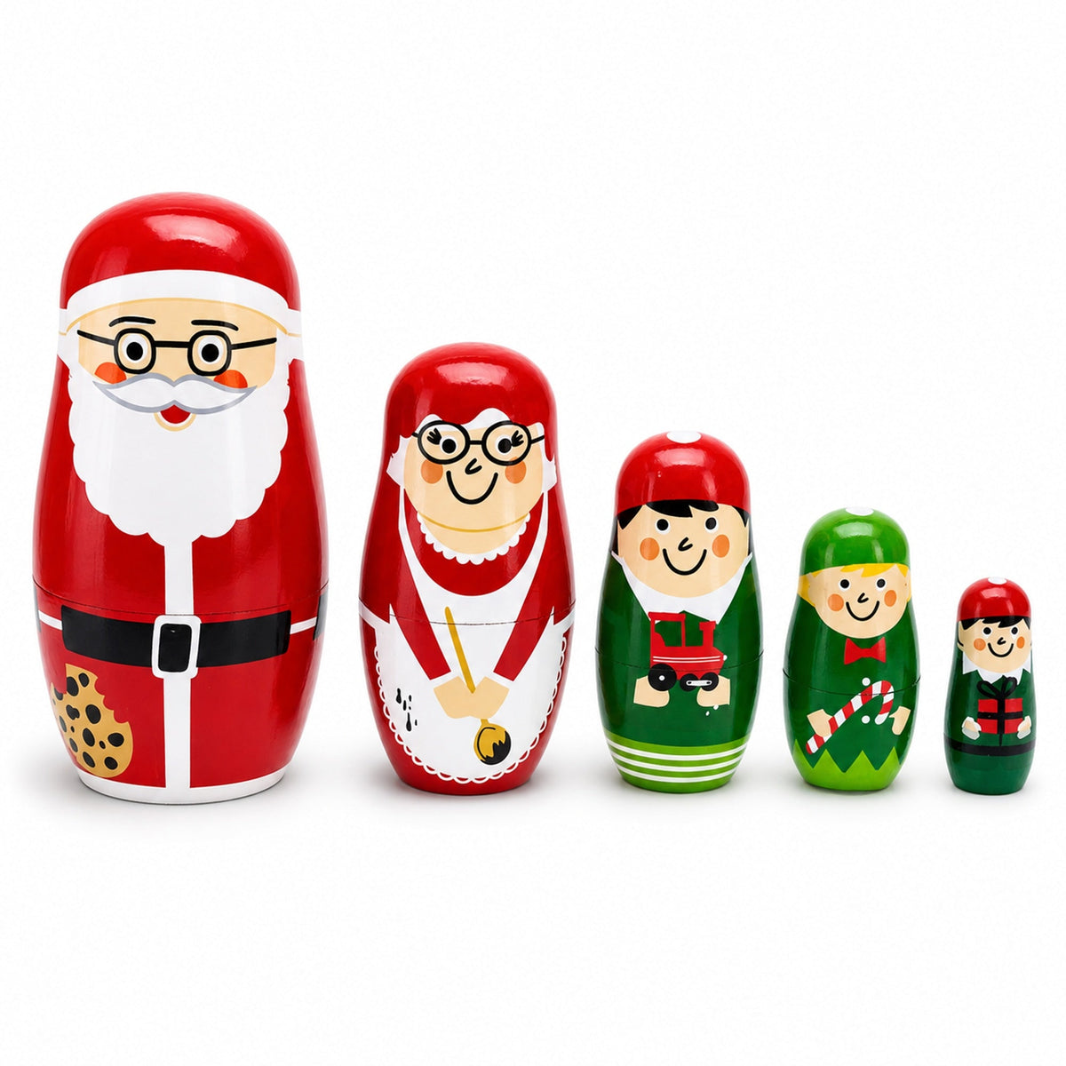 Set of 5 Santa, Mrs. Claus, Elf & Snowman Wooden Nesting Dolls 4.75 Inches