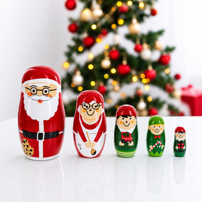 Set of 5 Santa, Mrs. Claus, Elf & Snowman Wooden Nesting Dolls 4.75 Inches