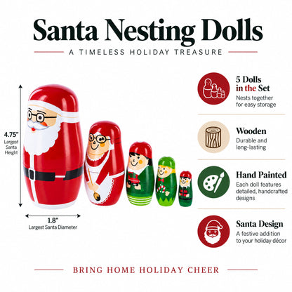 Set of 5 Santa, Mrs. Claus, Elf & Snowman Wooden Nesting Dolls 4.75 Inches