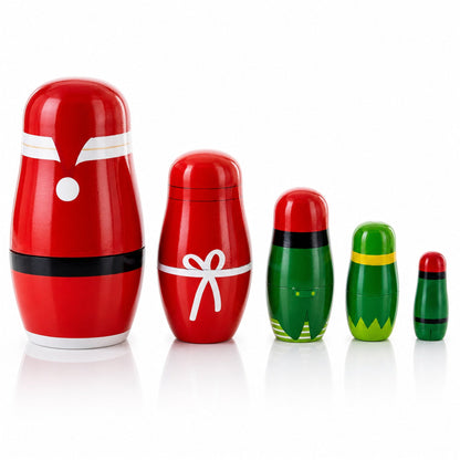 Set of 5 Santa, Mrs. Claus, Elf & Snowman Wooden Nesting Dolls 4.75 Inches