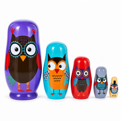 Set of 5 Wise Owls Family Wooden Nesting Dolls 5.75 Inches