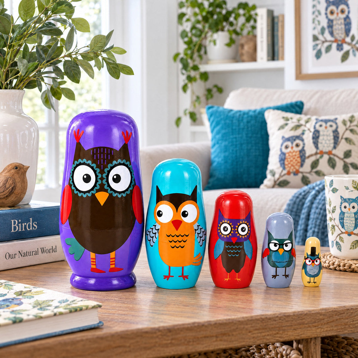 Set of 5 Wise Owls Family Wooden Nesting Dolls 5.75 Inches