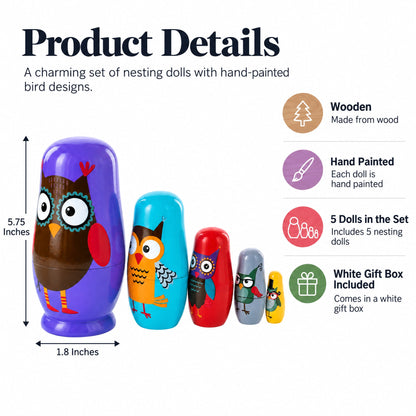 Set of 5 Wise Owls Family Wooden Nesting Dolls 5.75 Inches