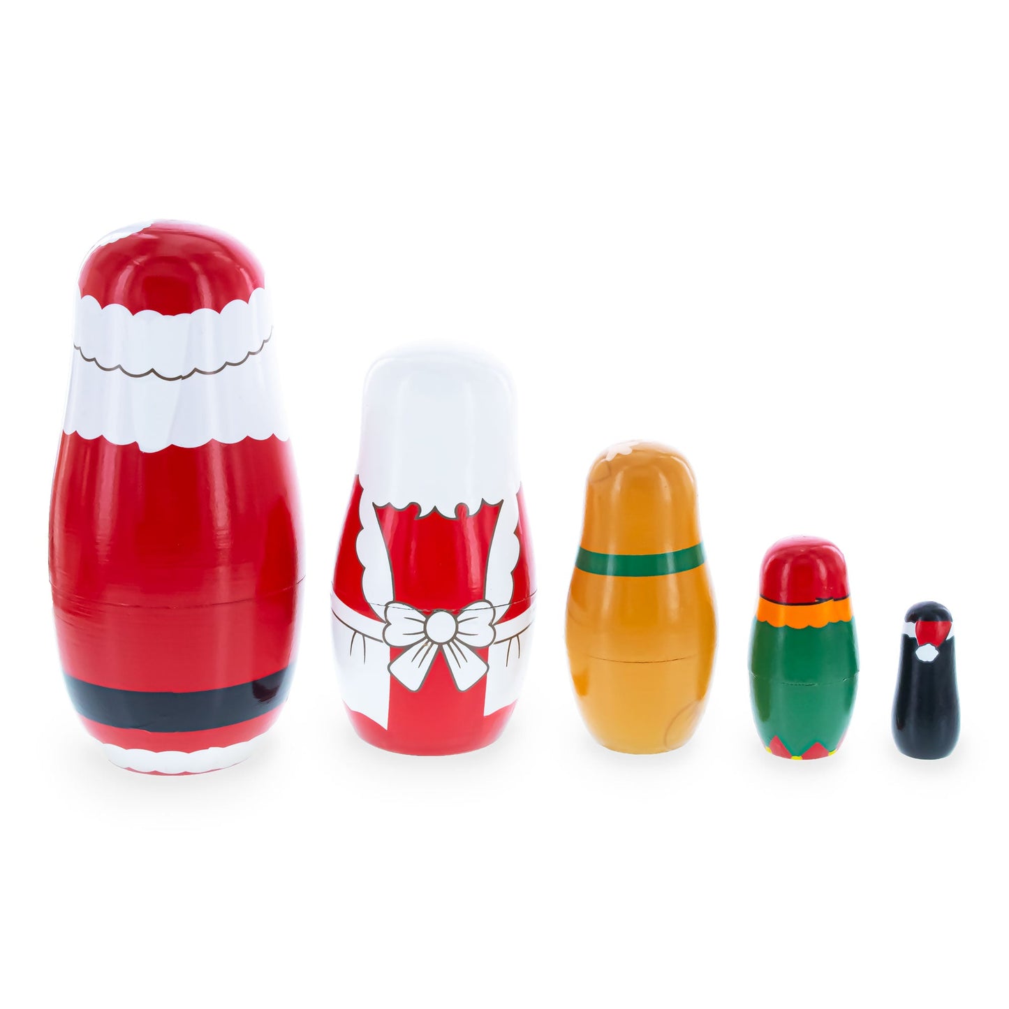 Santa, Mrs. Claus, Reindeer, Elf Wooden Nesting Dolls 6 Inches
