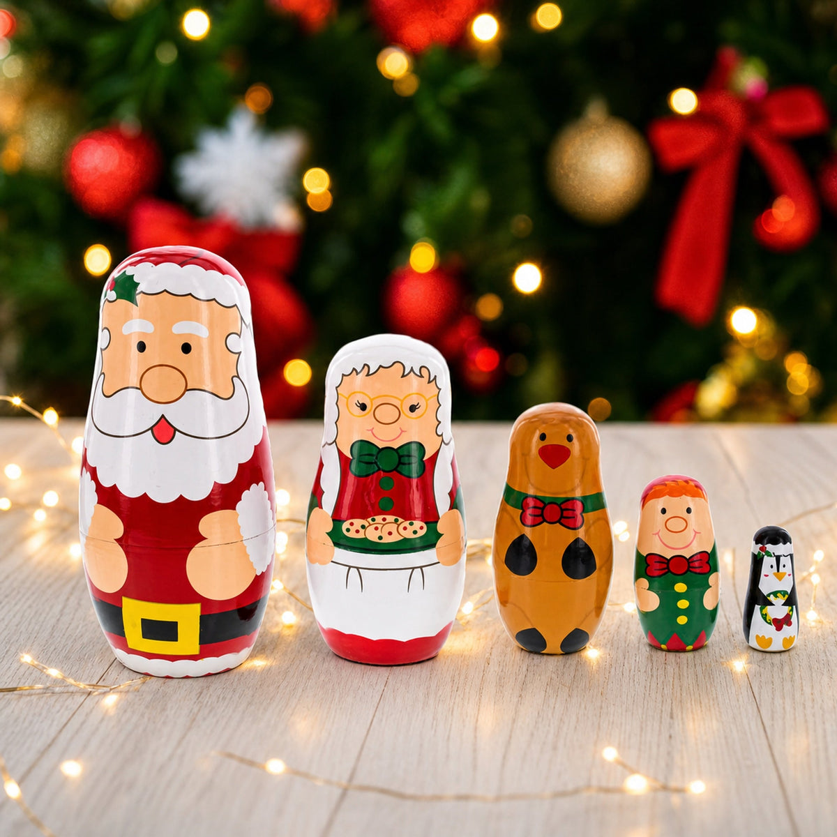 Santa, Mrs. Claus, Reindeer, Elf Wooden Nesting Dolls 6 Inches