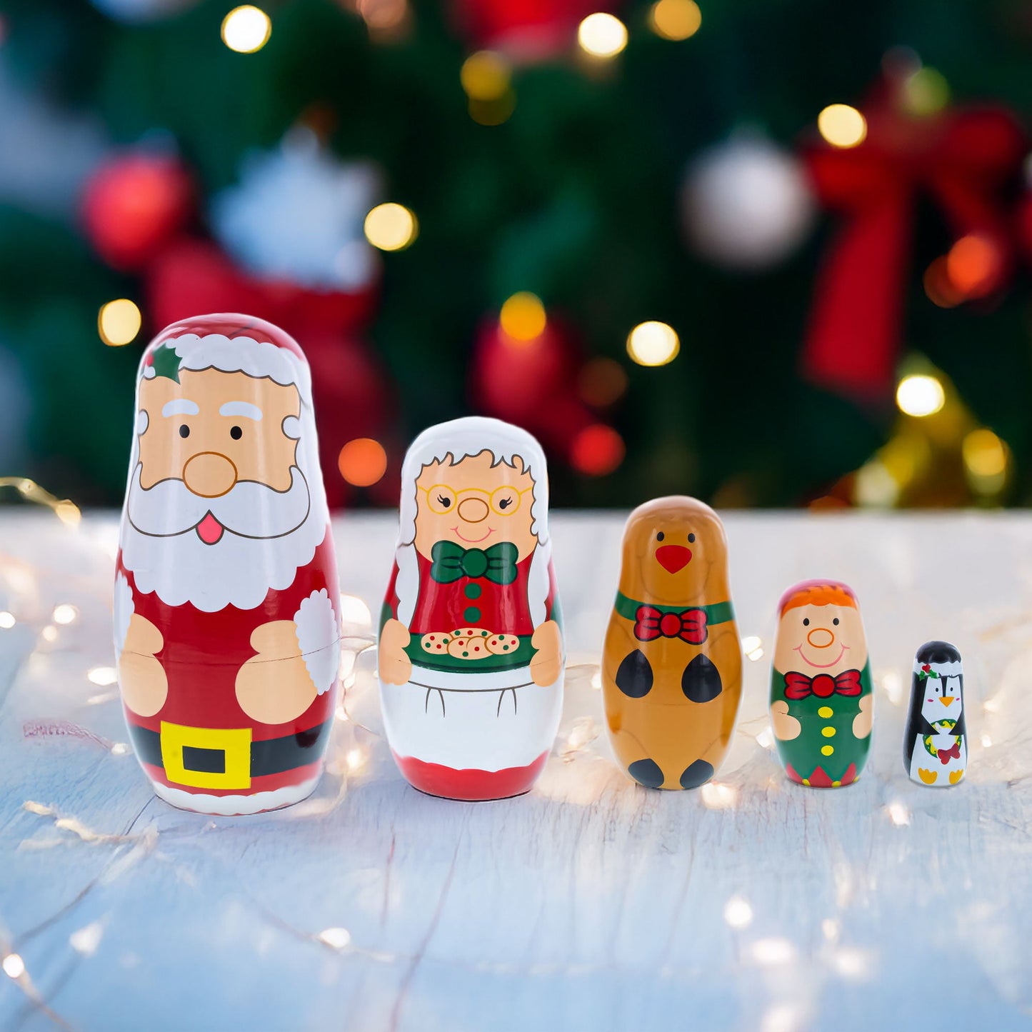 Santa, Mrs. Claus, Reindeer, Elf Wooden Nesting Dolls 6 Inches