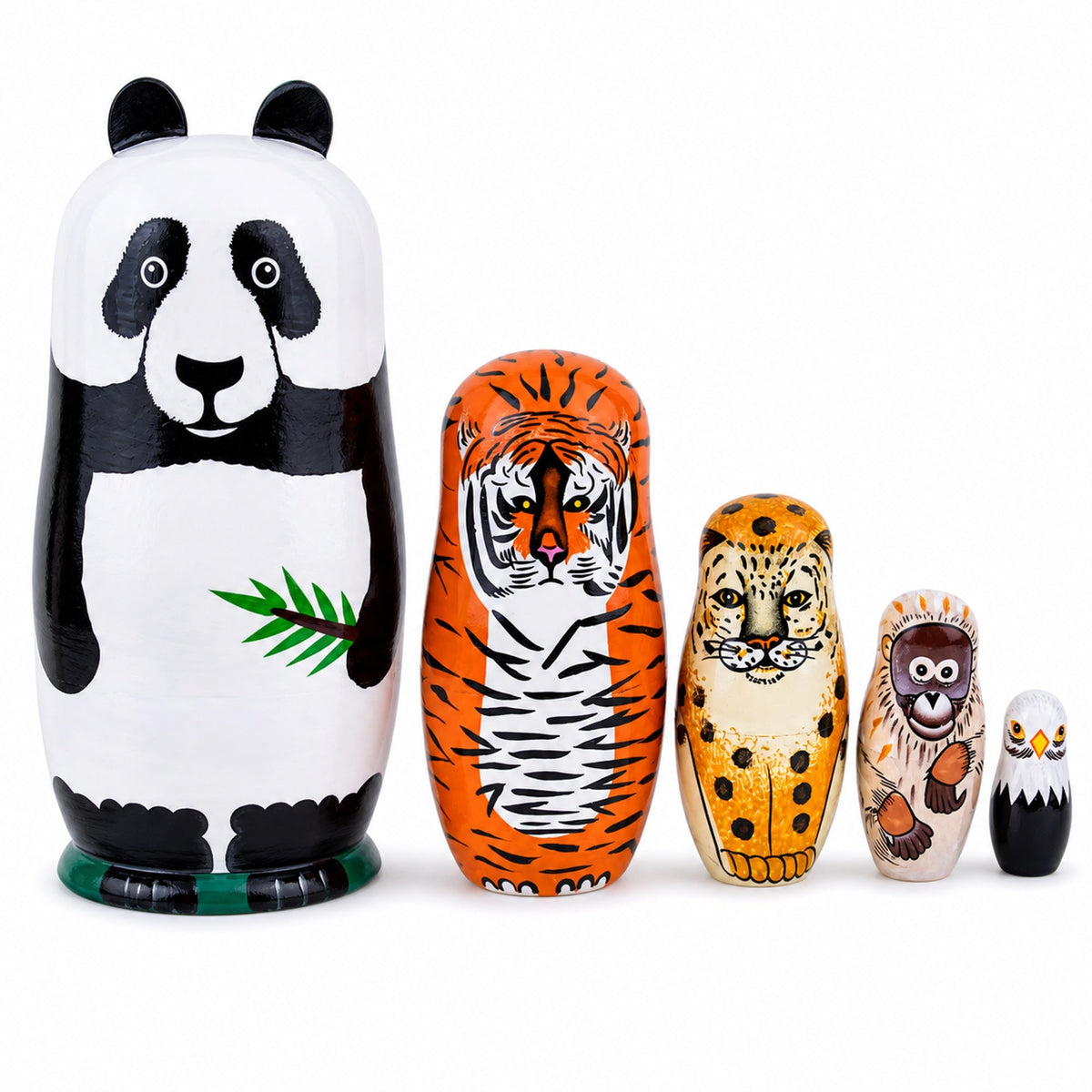 Panda, Tiger, Leopard, Monkey, Eagle Wooden Nesting Dolls