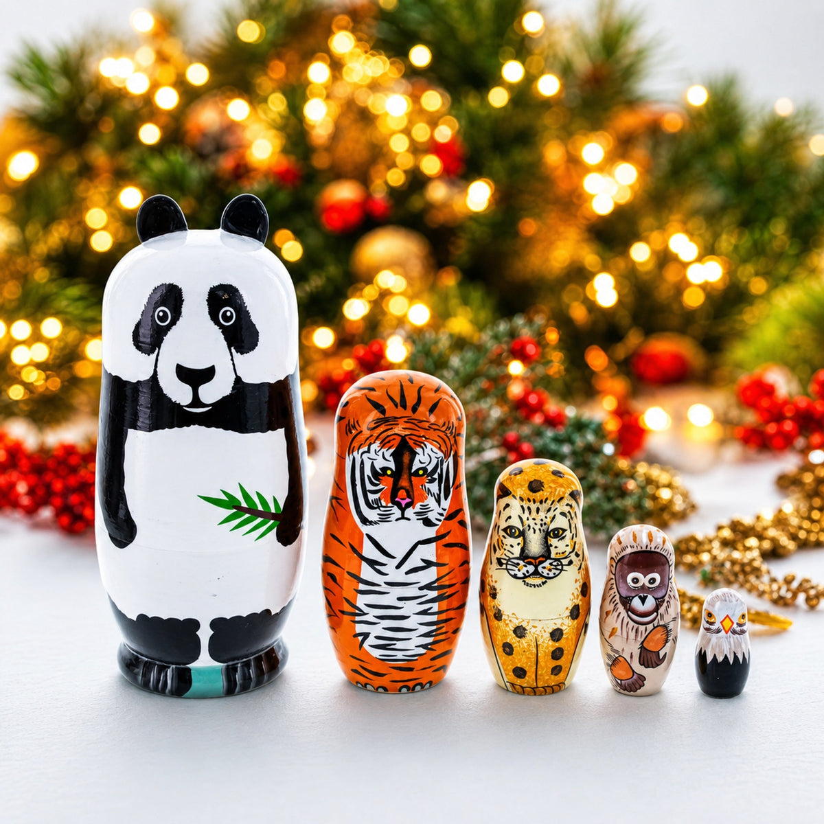 Panda, Tiger, Leopard, Monkey, Eagle Wooden Nesting Dolls