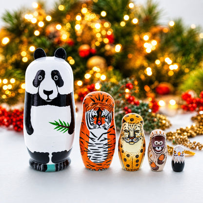 Panda, Tiger, Leopard, Monkey, Eagle Wooden Nesting Dolls