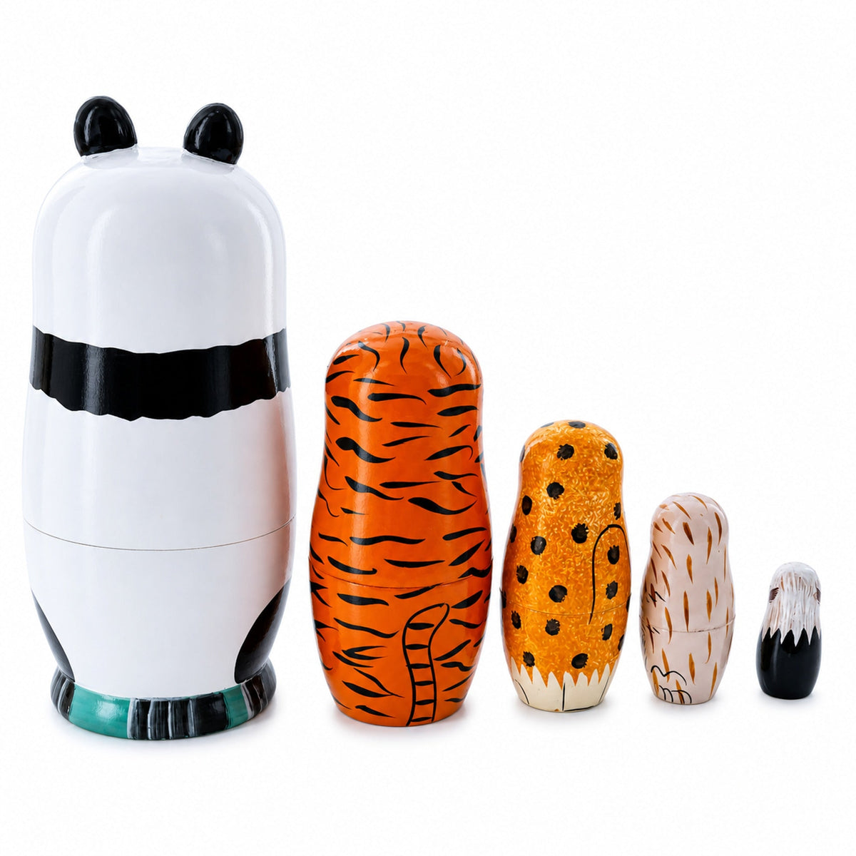 Panda, Tiger, Leopard, Monkey, Eagle Wooden Nesting Dolls