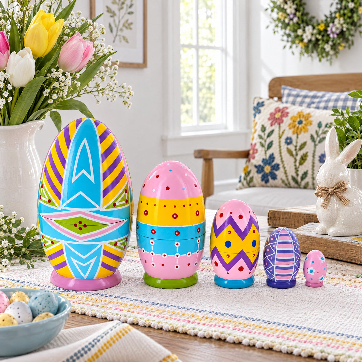 Set of 5 Ukrainian Style Easter Eggs Wooden Nesting Dolls 5 Inches