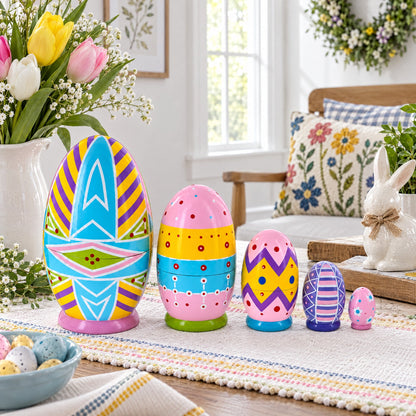 Set of 5 Ukrainian Style Easter Eggs Wooden Nesting Dolls 5 Inches