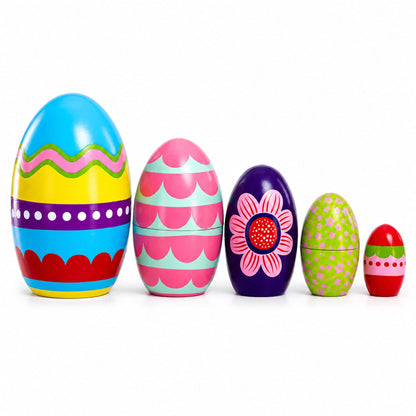 Set of 5 Colorful Easter Eggs Pysanky Wooden Nesting Dolls 5 Inches