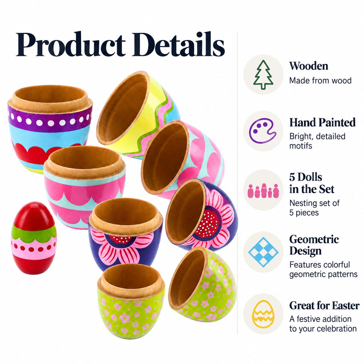 Set of 5 Colorful Easter Eggs Pysanky Wooden Nesting Dolls 5 Inches