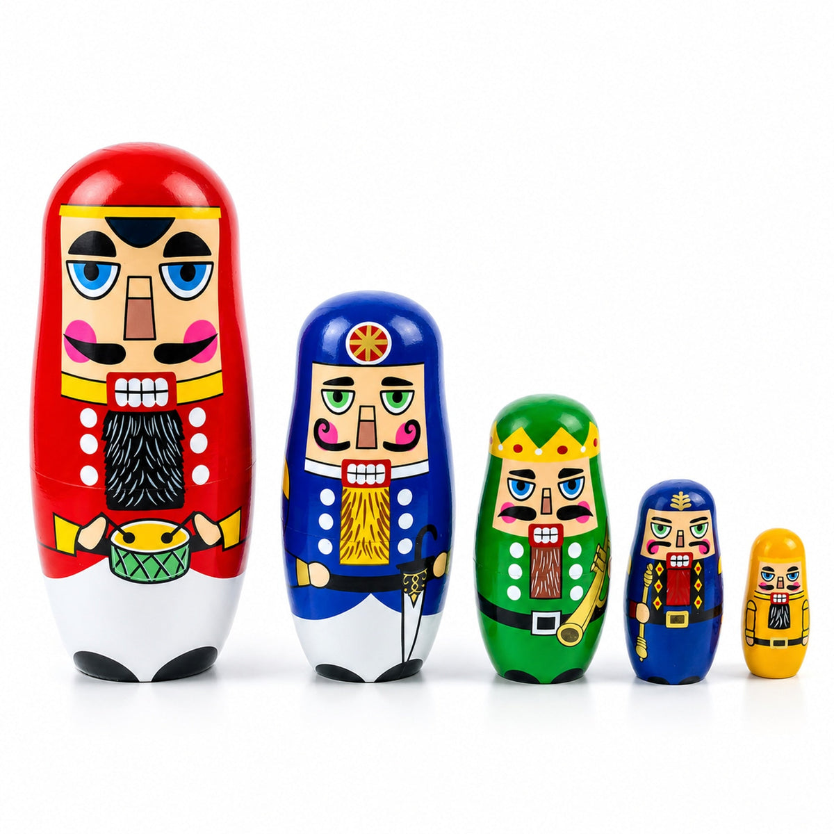 Set of 5 Nutcrackers Wooden Nesting Dolls 5.5 Inches