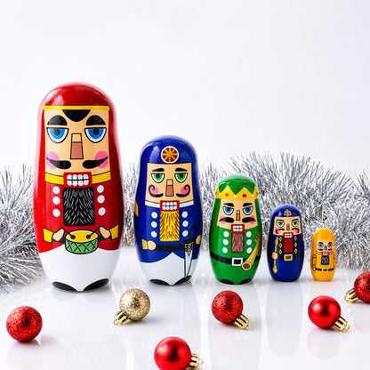 Set of 5 Nutcrackers Wooden Nesting Dolls 5.5 Inches