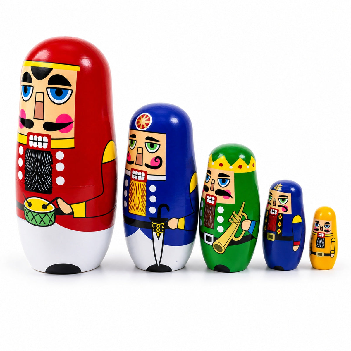 Set of 5 Nutcrackers Wooden Nesting Dolls 5.5 Inches