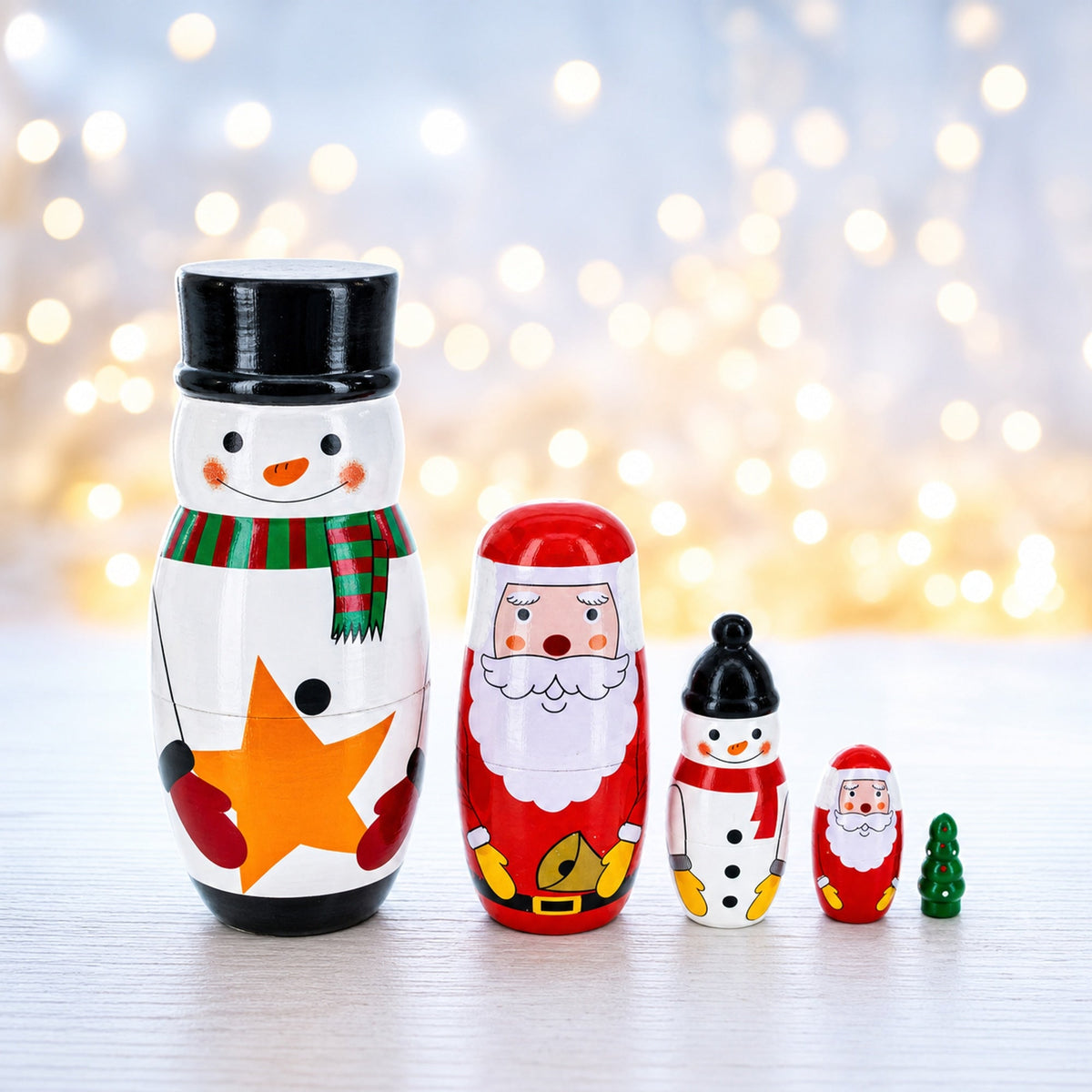 Santa, Snowman & Christmas Tree Wooden Nesting Dolls 5 Inches