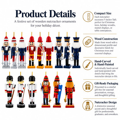 Nutcracker Ornament Set of 5 Wooden Christmas Figures 5 Inches