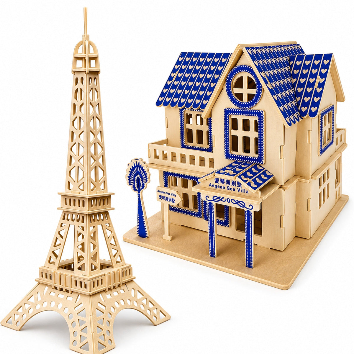 Set of 2 Eiffel Tower and House Model Kit Wooden 3D Puzzles
