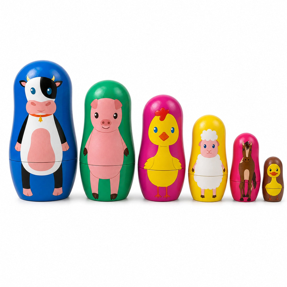 6 Farm Animals Plastic Nesting Dolls Cow, Pig, Chicken, Lamb, Horse & Duck