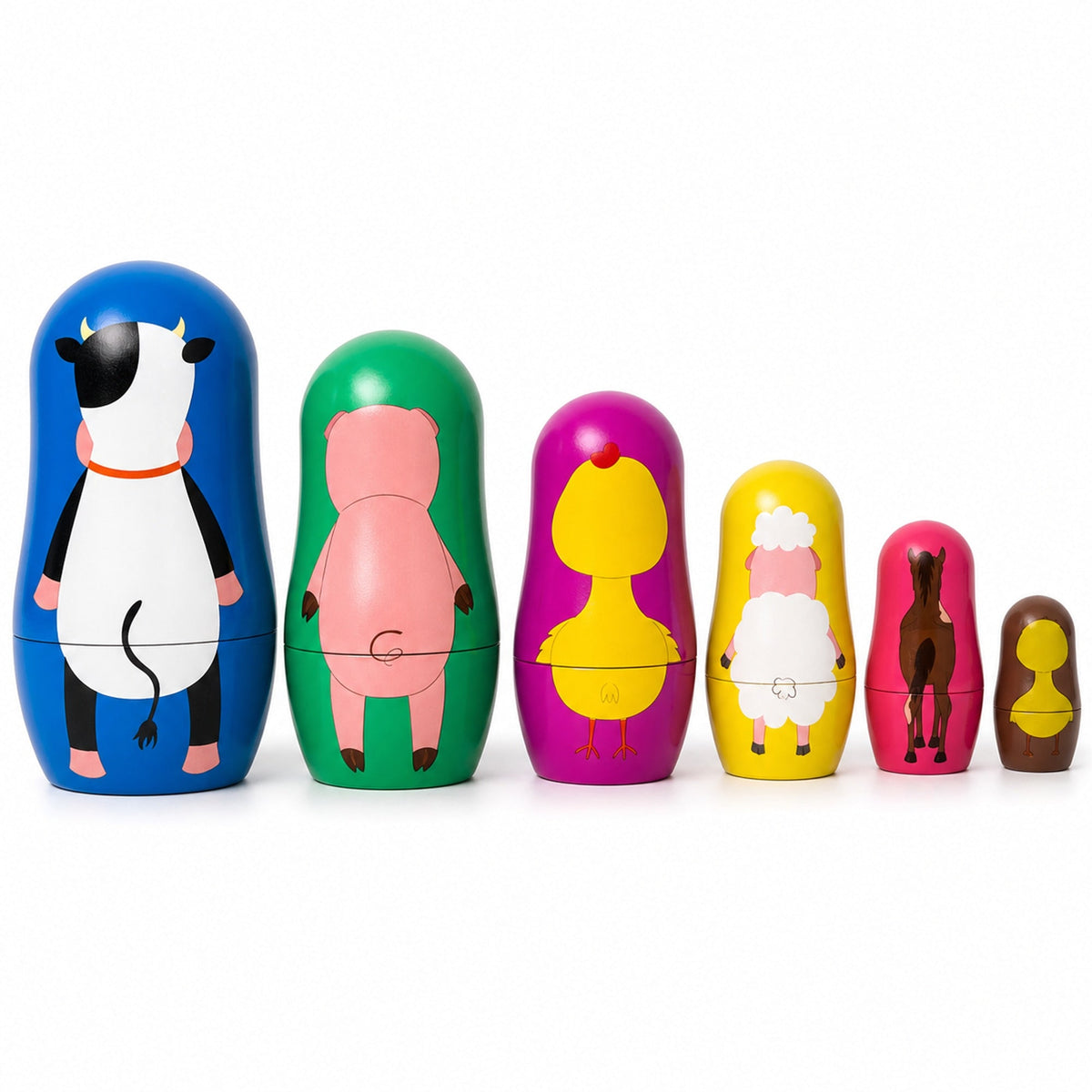 6 Farm Animals Plastic Nesting Dolls Cow, Pig, Chicken, Lamb, Horse & Duck