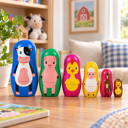 6 Farm Animals Plastic Nesting Dolls Cow, Pig, Chicken, Lamb, Horse & Duck