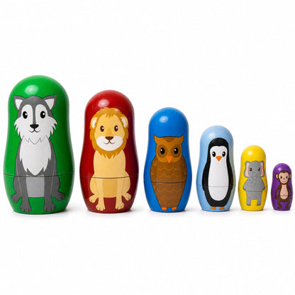 Set of 6 Wolf, Lion, Owl, Penguin Wild Animals Plastic Nesting Figurines 4.5 Inches