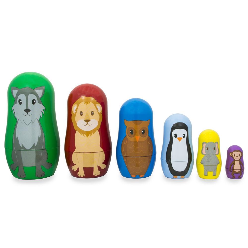 Set of 6 Wolf, Lion, Owl, Penguin Wild Animals Plastic Nesting Figurines 4.5 Inches