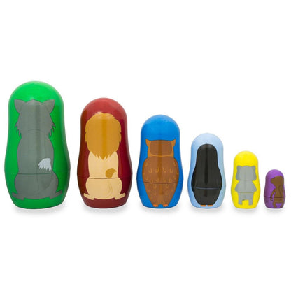 Set of 6 Wolf, Lion, Owl, Penguin Wild Animals Plastic Nesting Figurines 4.5 Inches