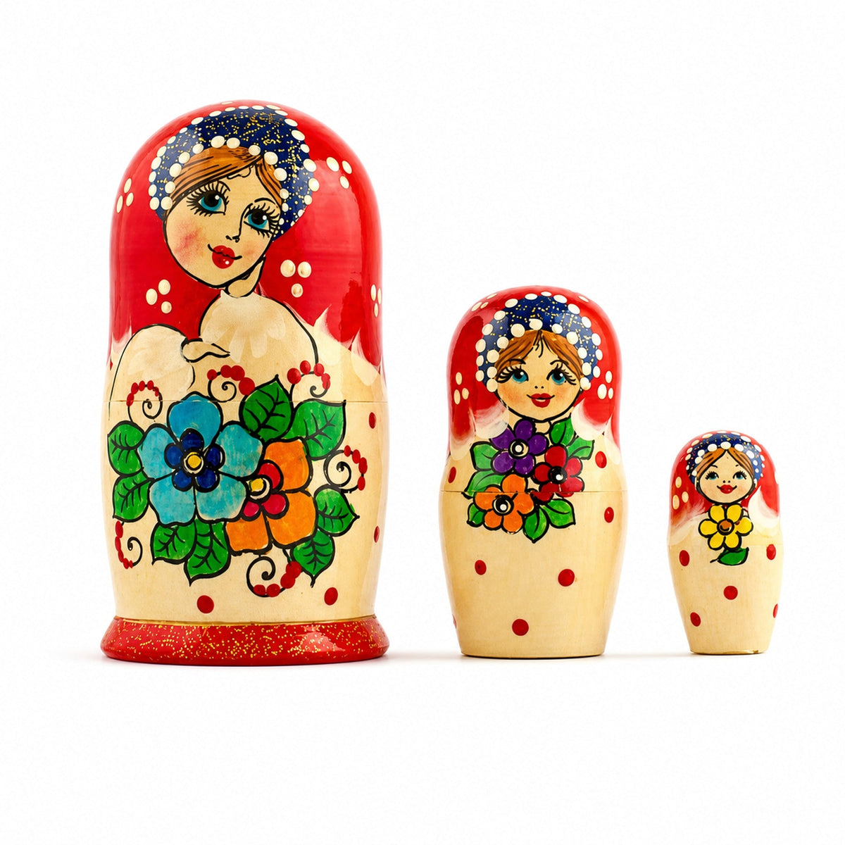 Set of 3 Red Headscarf with Folk Art Flowers Wooden Nesting Dolls Matryoshka 3.5 Inches